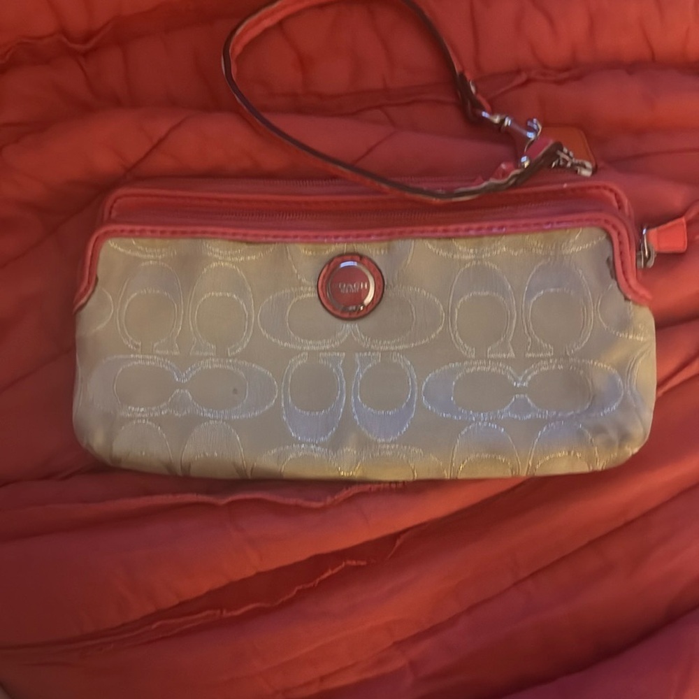 Coach Cream and Red Clutch with Signature Design